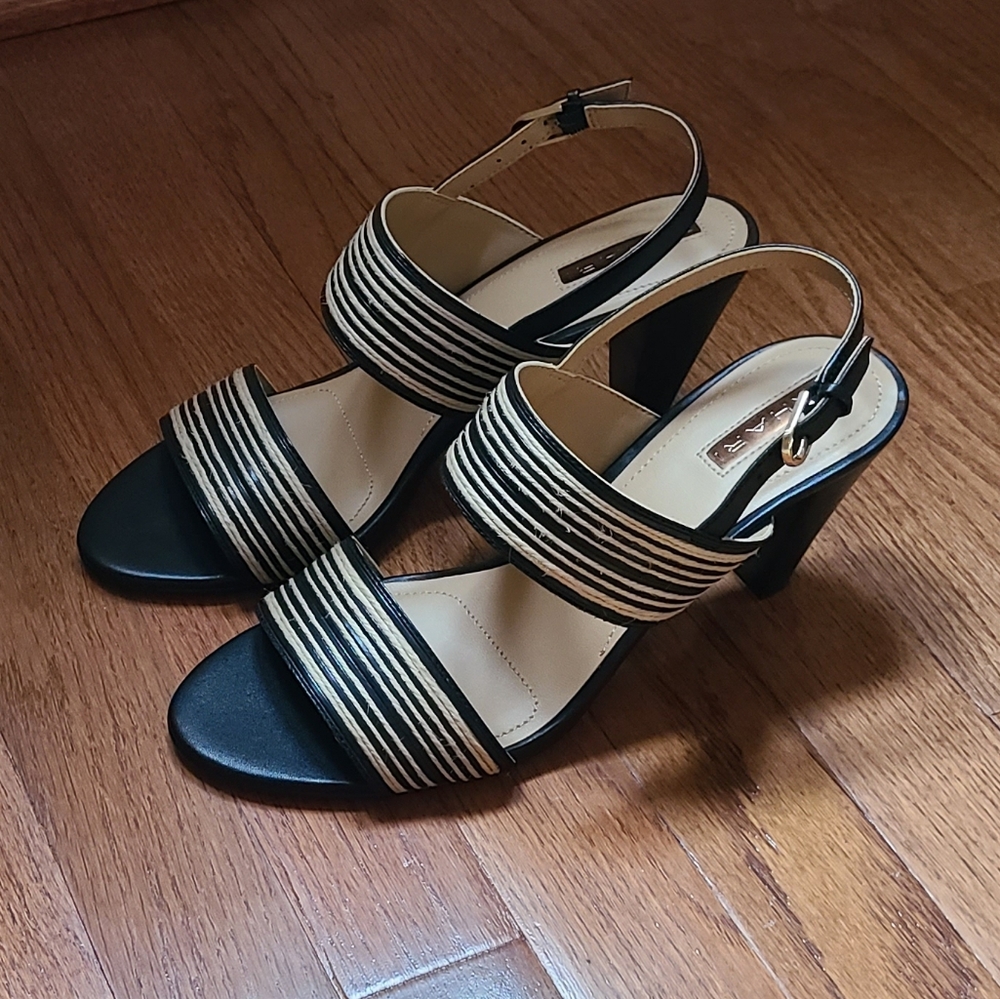 Tahari Black and Beige Woven Heeled Sandals Size 9